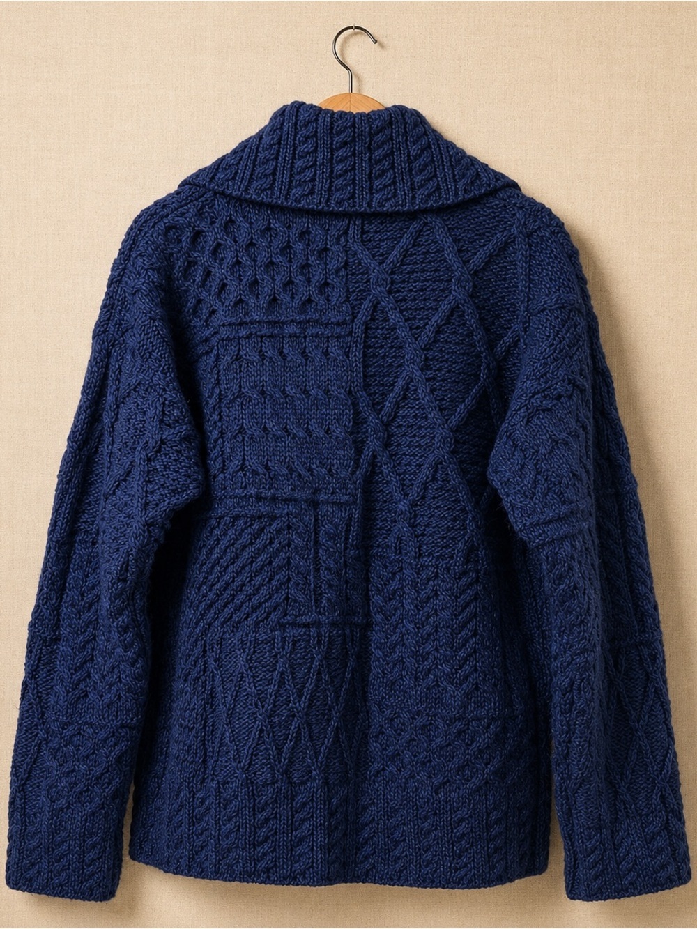 Aran Sweater Market 100% Merino Wool Cable Knit Cardigan Navy Shawl Collar - Picture 2 of 9